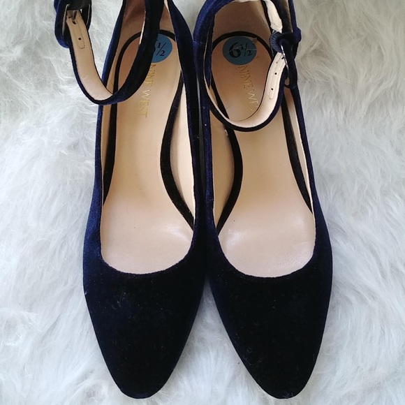 Nine West Shoes - Nine West Blue Velvet Ankle Strap Chunky Heels